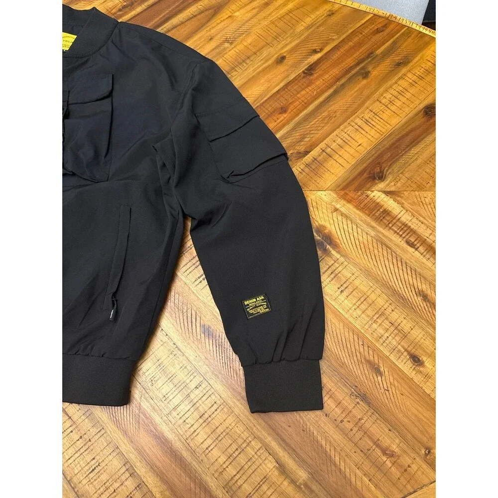 YSLB Men’s Black Multi Pocket Cargo Bomber Jacket Techwear Windbreaker L